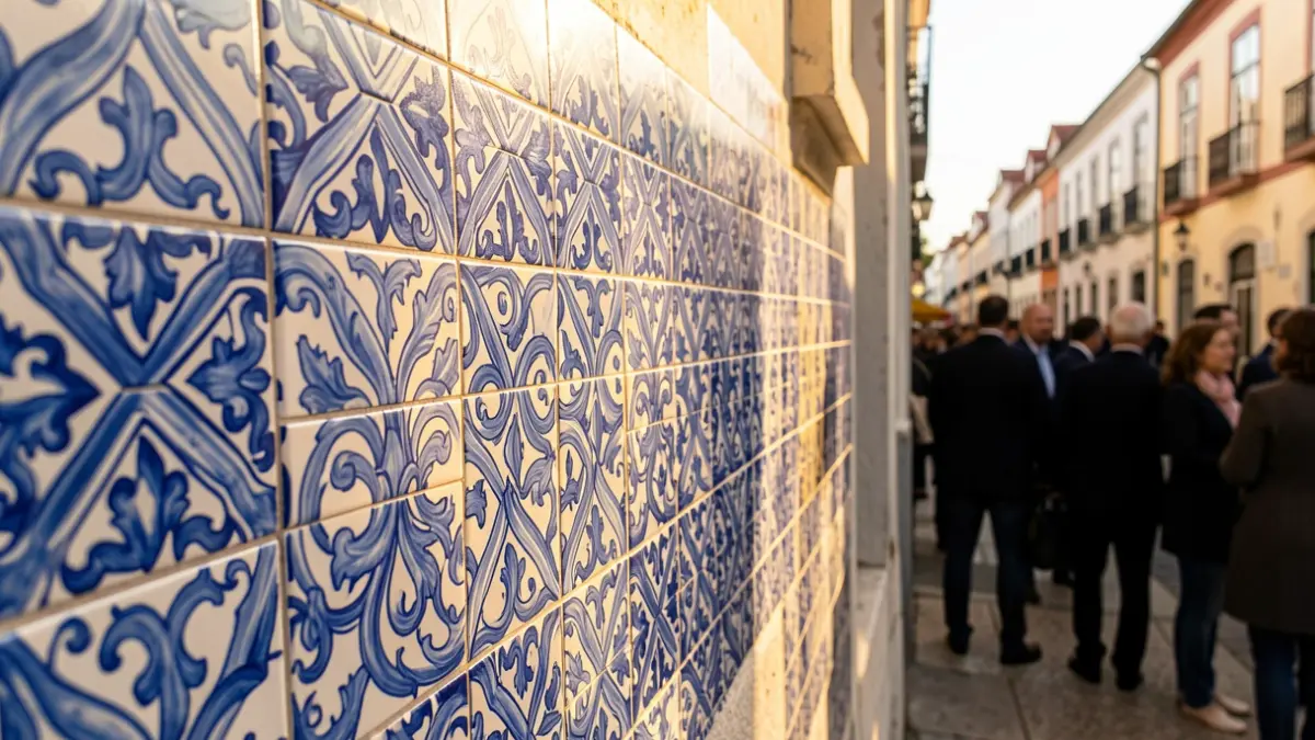 Generic image of traditional Portuguese azulejo tiles in a decorative pattern, with warm sunlight highlighting the blue and white ceramic.