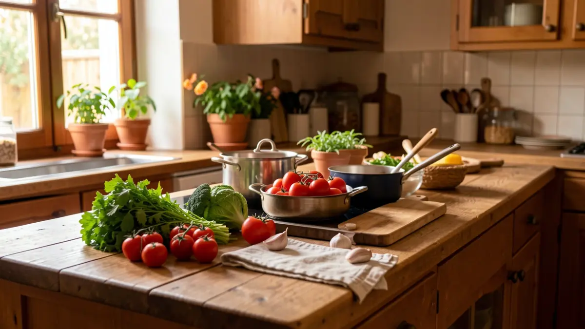 Imagem de uma cozinha portuguesa com ingredientes frescos e utensílios de cozinha.