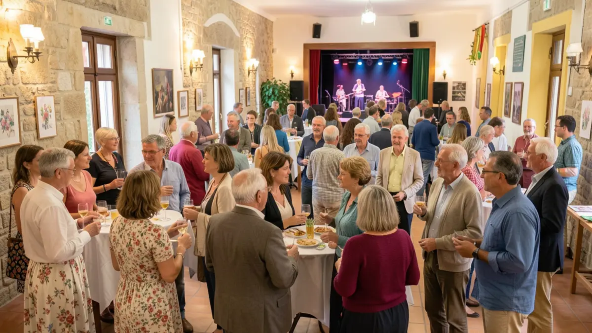 Generic image of an inclusive community event with people of diverse ages and backgrounds in a welcoming space with hints of Portuguese architecture.