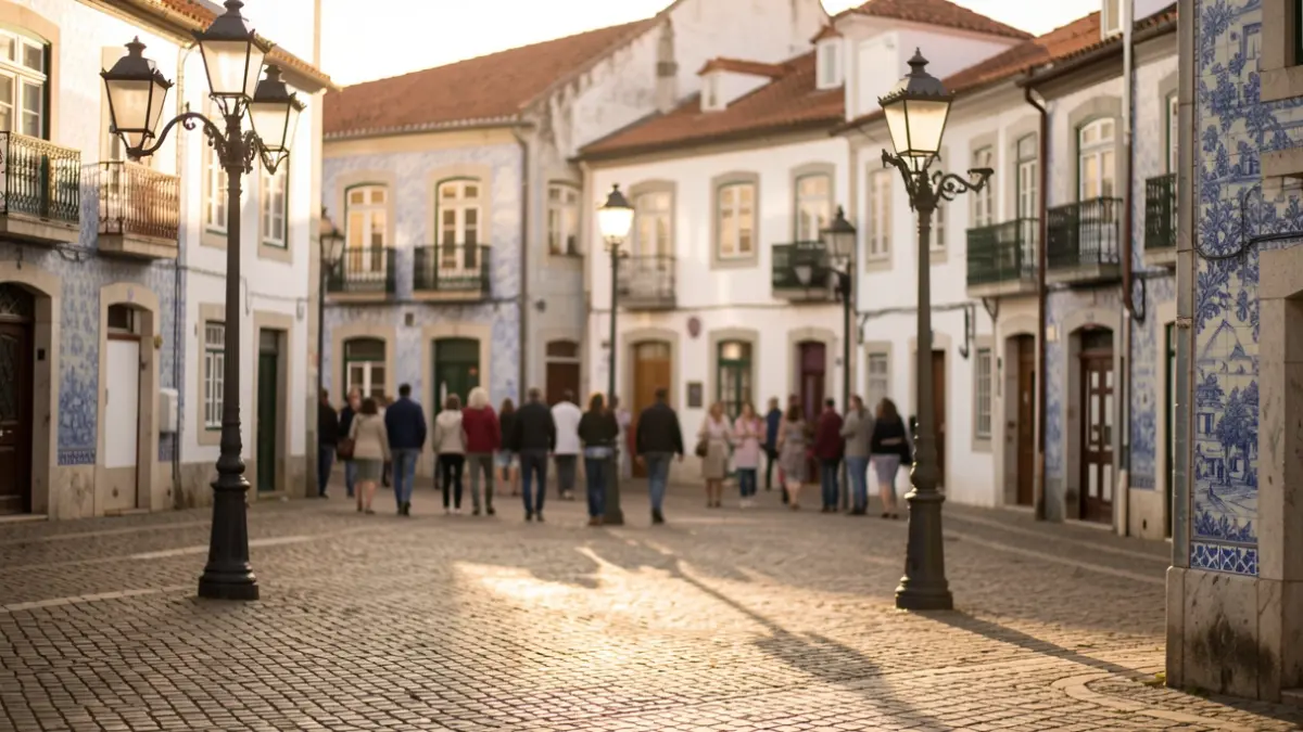 Generic image of a traditional Portuguese square with cobblestone pavement, streetlights, and buildings in the background.