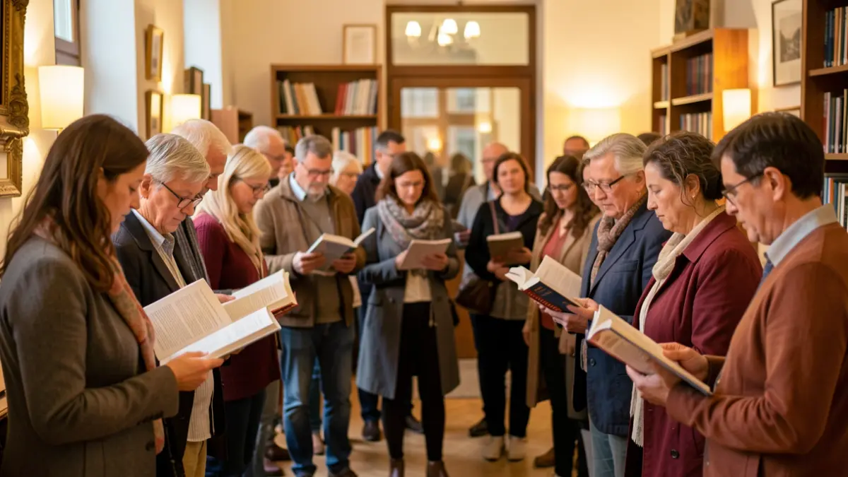 Generic image of a group of people gathered in a cultural space, holding books and papers.