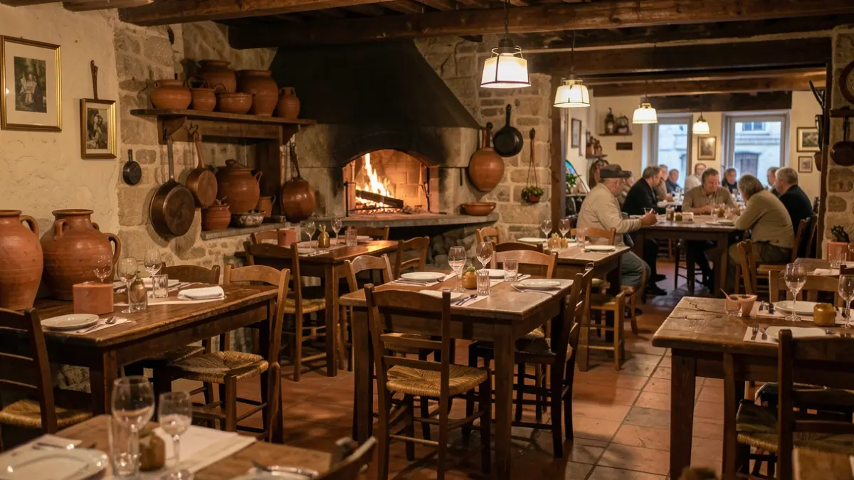Generic image of a traditional Portuguese restaurant interior with rustic wooden tables and a wood-fired oven.