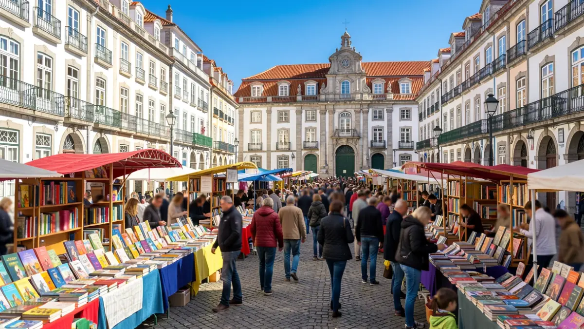 Generic image of a book fair in a Portuguese square with colorful stalls and traditional architecture.