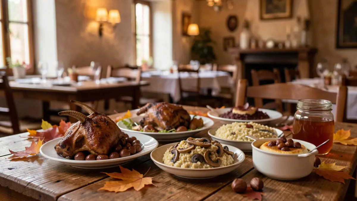 Imagem genérica de uma mesa farta com pratos tradicionais de outono, como cabrito assado com castanhas e mel de urze, em ambiente de restaurante rústico.
