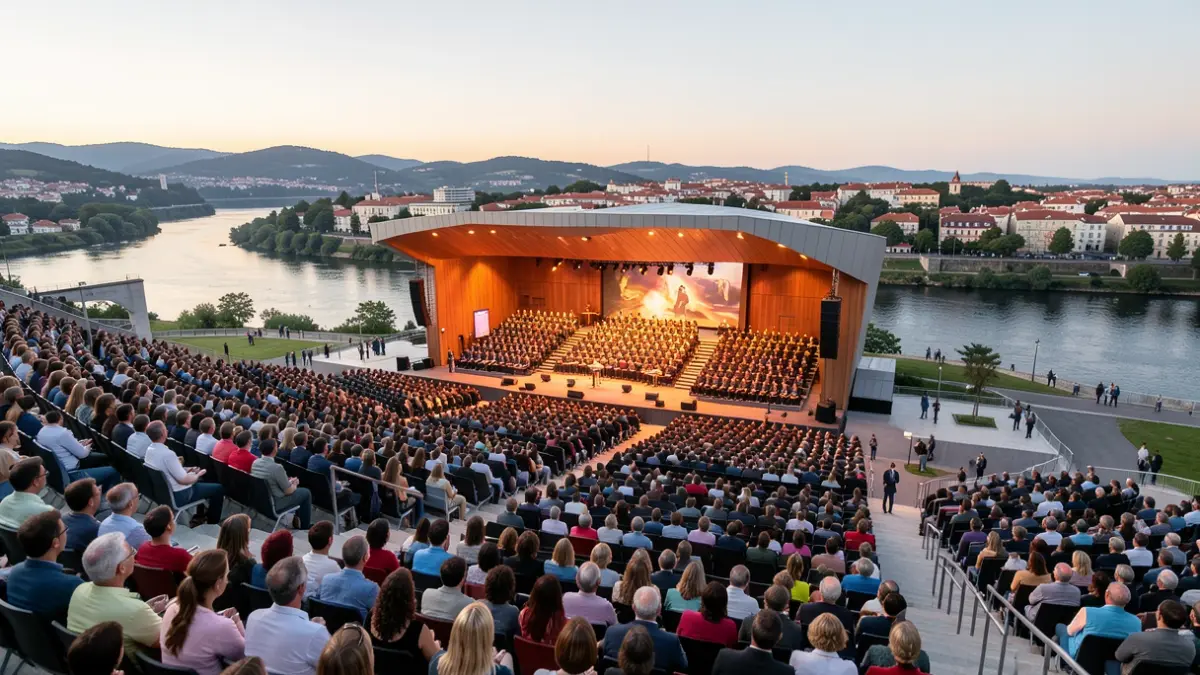 Generic image of a modern cultural venue overlooking the Minho River, illuminated at dusk.