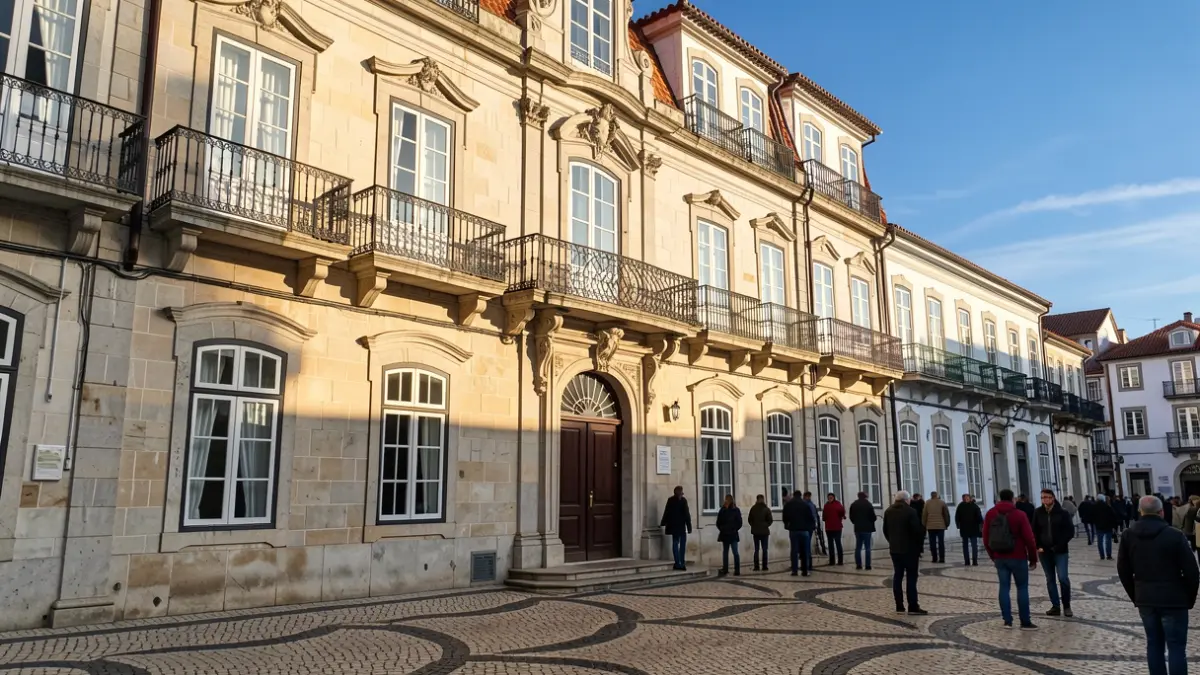 Facade of a municipal building in Loulé, Portugal, with afternoon sunlight.