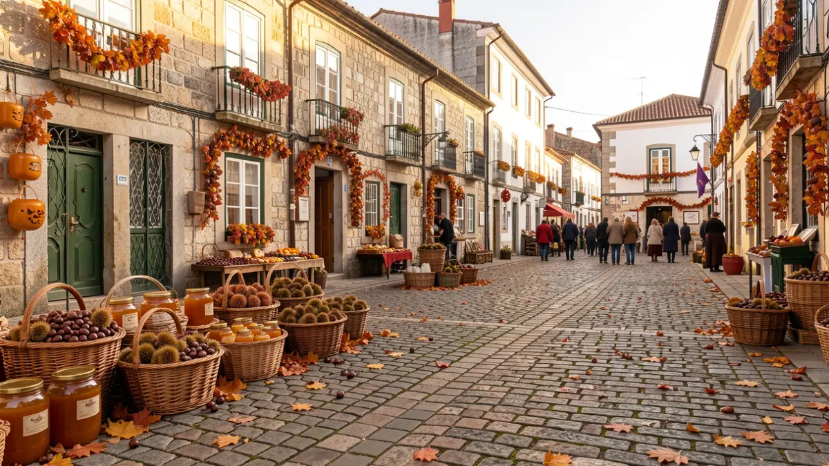 Imagem genérica de uma praça tradicional portuguesa com elementos de outono, como castanhas e potes de mel.