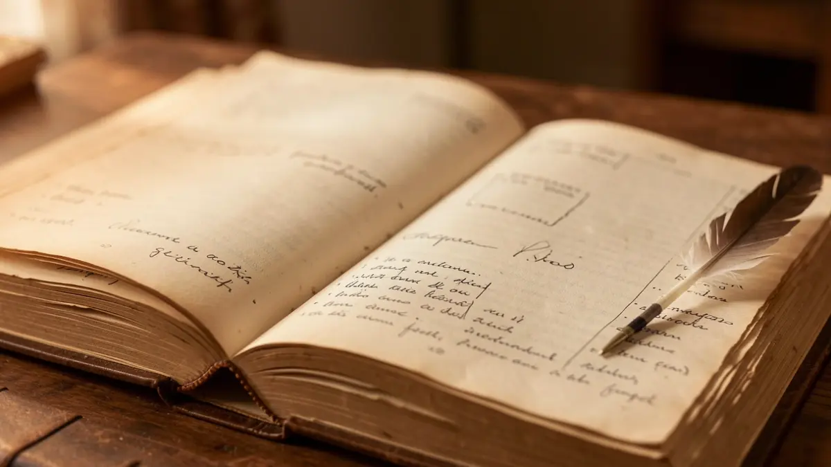 Generic image of an old open book with handwritten notes in the margins and a quill pen beside it.