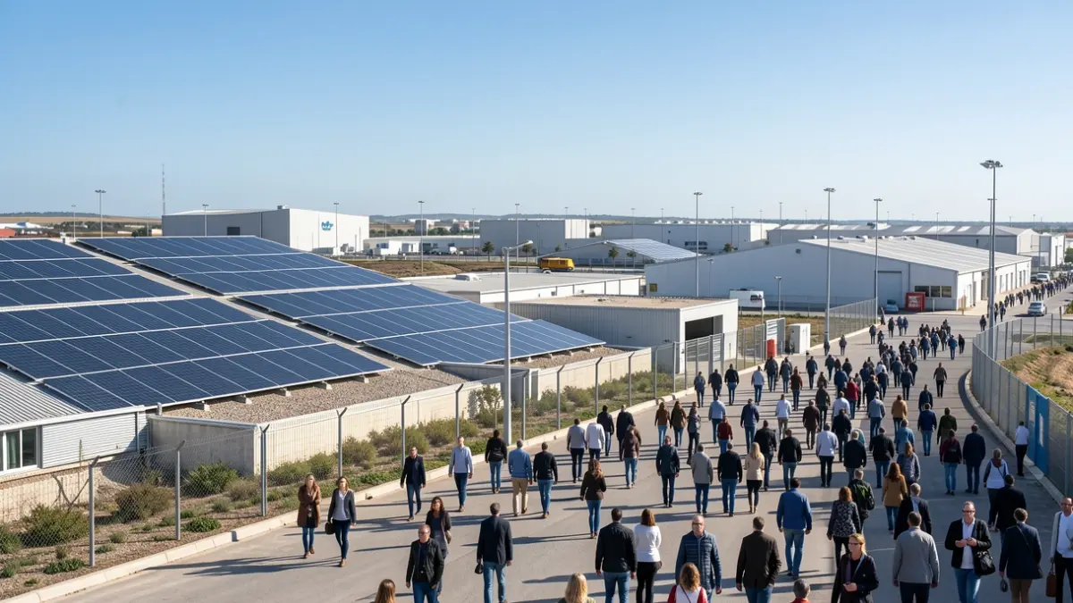 Imagem de uma zona industrial e logística em Sines com painéis solares.