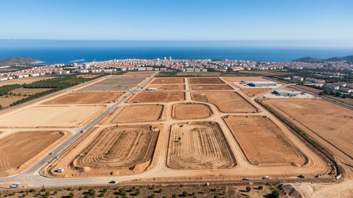 Vista aérea de una zona industrial planificada en Portugal, con terrenos despejados y carreteras en construcción.